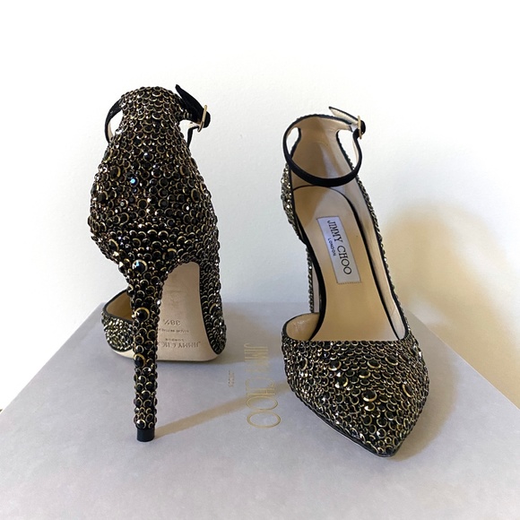 Jimmy Choo Lucy 100 Black Suede Pointy Toe Pumps With Halo Crystals US8.… - Picture 11 of 16